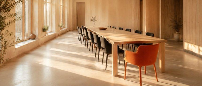 A hall with chairs waiting, daylight through an open doorway